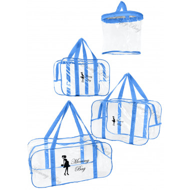 Набор из прозрачных сумок в роддом Mommy Bag (S, M, L + органайзер) Синий